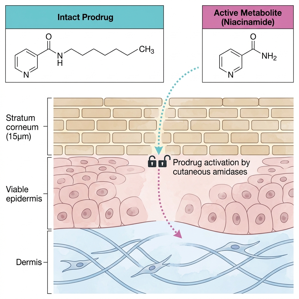 N-Octyl Nicotinamide prodrug activation pathway through human skin layers
